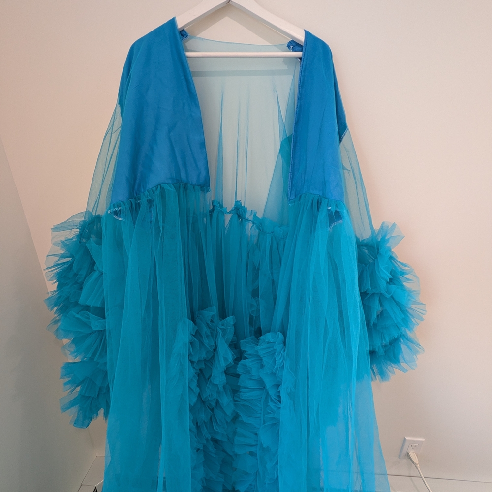Maternity Vibrant Turquoise Sheer Ruffle Maxi Robe - Picture 3 of 6